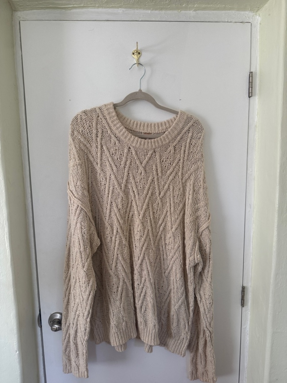 Free People Cream Cable Knit Crew Neck Sweater